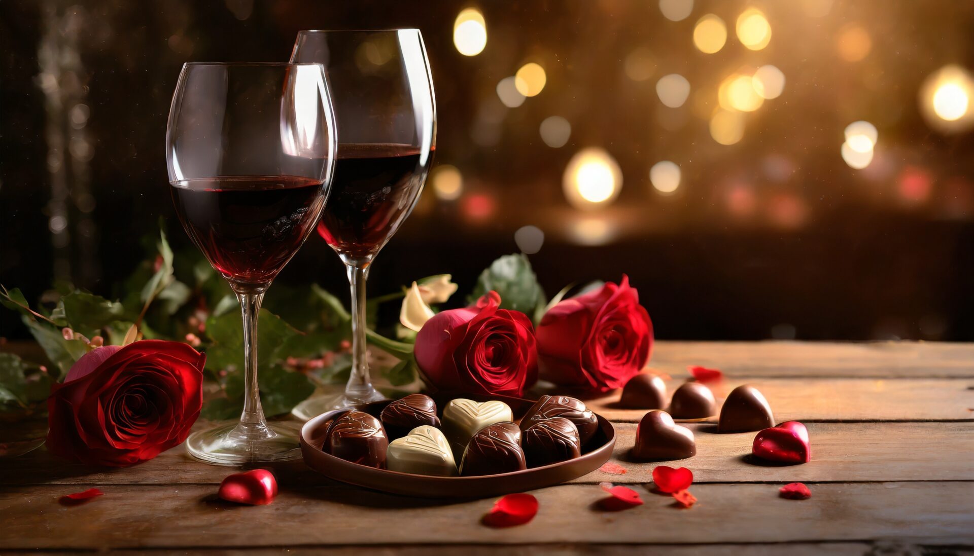 Walentynkowe tło z kieliszkami wypełnionymi czerwonym winem, czekoladkami w kształcie serca i czerwonymi różami