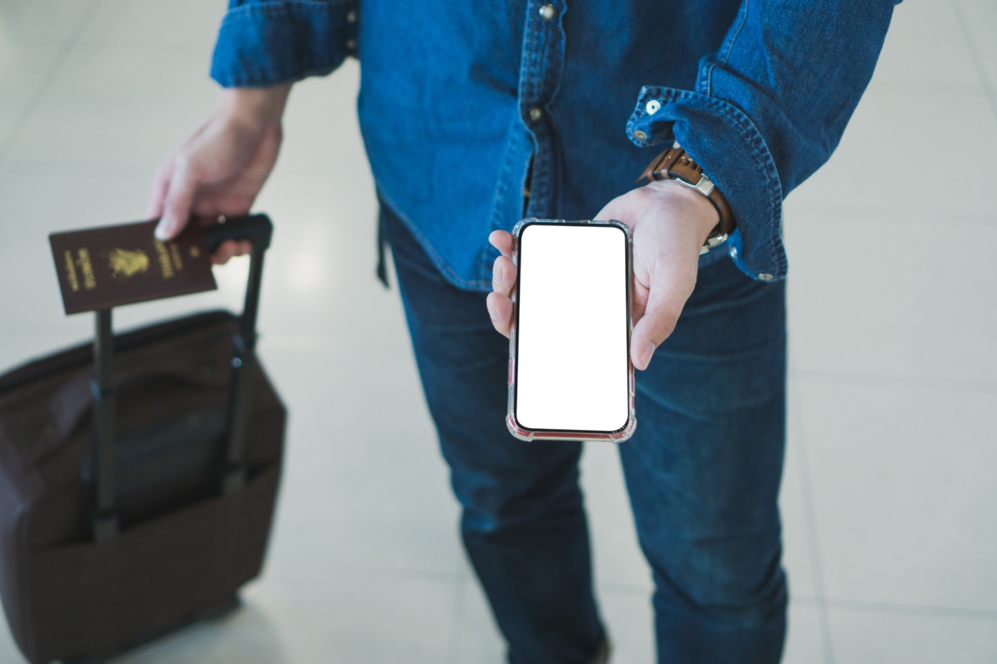 Top view hand man passenger showing passport issue and e ticket